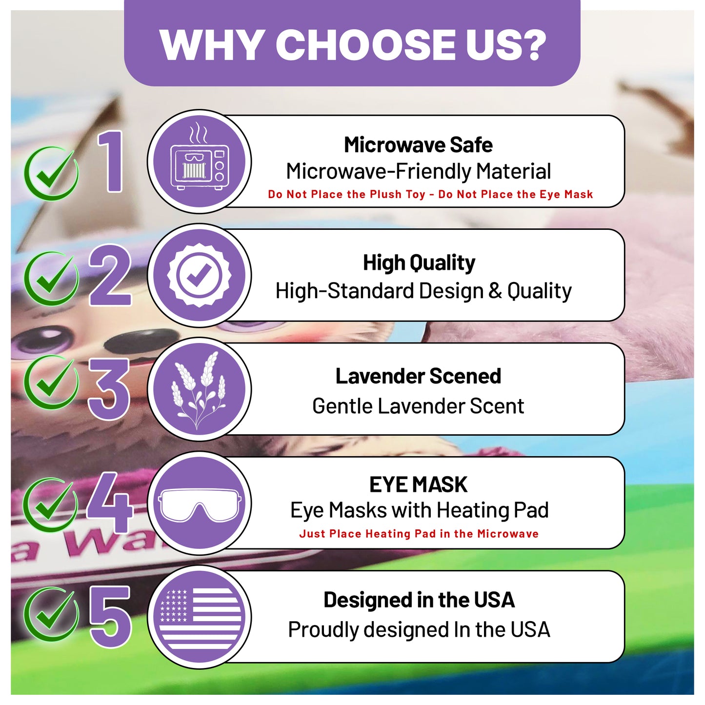 2-in1 Microwavable Heating Pad for Period Cramps + Eye mask Heating pad – Cute Stuffed Animal Heating Pad for Women & Teens, Portable Menstrual Microwave Heating Pad with Lavender Scent