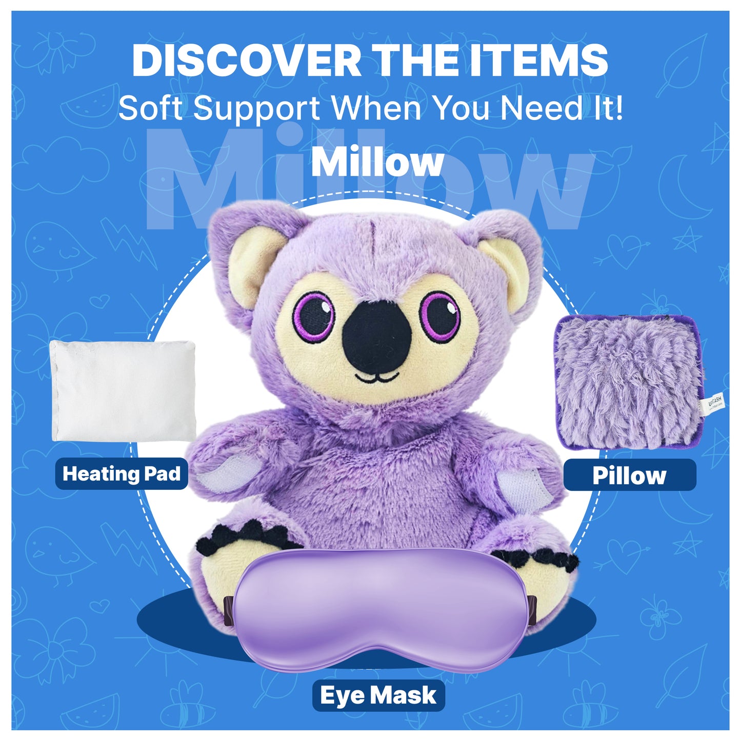 2-in1 Microwavable Heating Pad for Period Cramps + Eye mask Heating pad – Cute Stuffed Animal Heating Pad for Women & Teens, Portable Menstrual Microwave Heating Pad with Lavender Scent