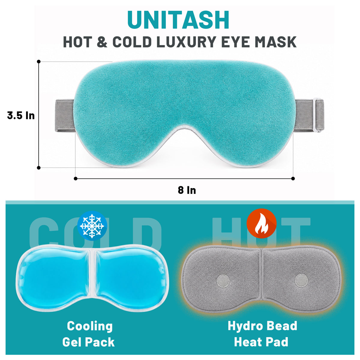 Unitash 2-in-1 Hot & Cold Eye Mask – Microwavable Hydro Gel Heated Eye Mask & Reusable Cooling Gel Insert for Dry Eyes, Puffy Eyes, Migraine & Headache Relief | Soft Plush Cover with Adjustable Strap